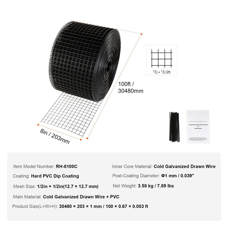 Aurinkopaneelien suojaverkko kylmägalvanoitu teräslanka PVC-pinnoite 20 rullaa 3048 cm 12,7 mm