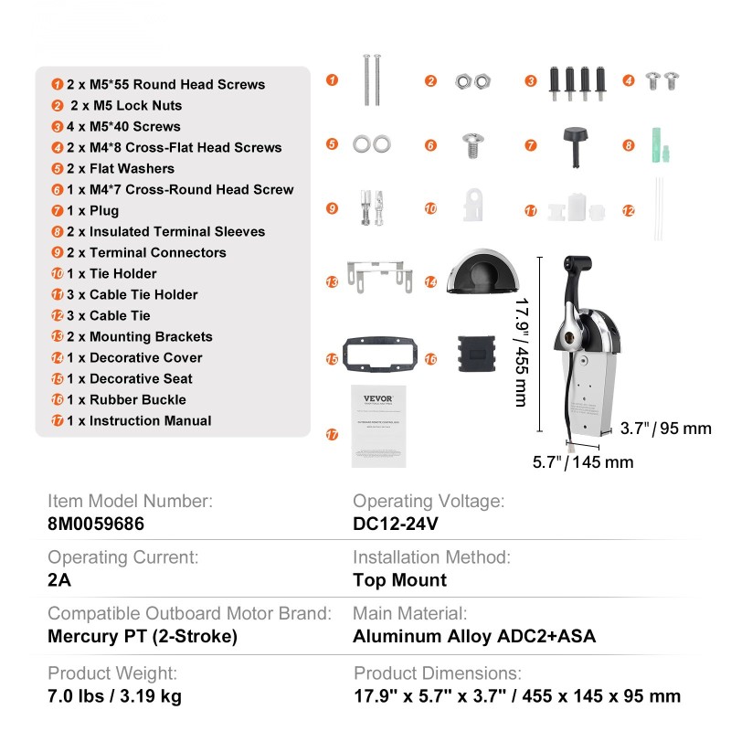 Perämoottorin yläasennettava kaasun ja vaihteiden kaukohallinta trimmikytkimellä alumiiniseos Mercury PT 2-tahti