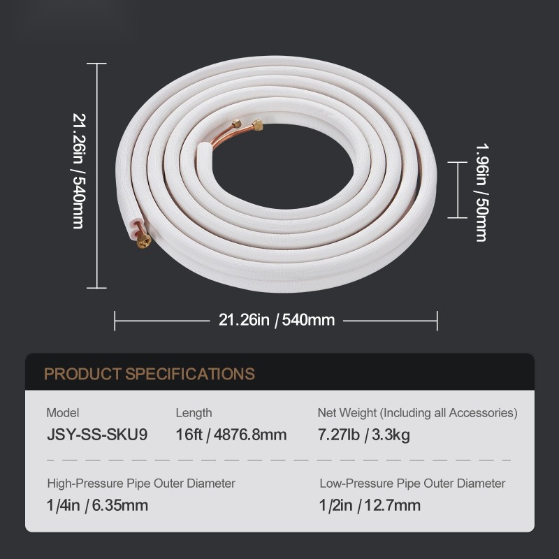 Minisplit linjasarja kupariputket 4876,8 mm 6,35 ja 12,7 mm kolmikerroksinen eristys