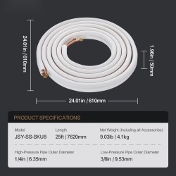 Mini-split-kylmäaineputkisarja kupariputkilla 7620 mm 6,35 ja 9,53 mm kolmikerroksinen eristys