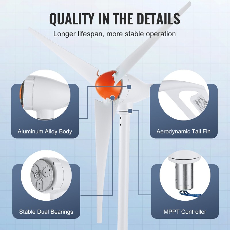 Tuuligeneraattori 500 W 24 V kolmilapainen MPPT-säätimellä lasikuitulavoilla
