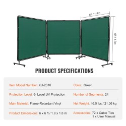 Hitsaussuojaverho 3-osainen liekinkestävä vinyyli 1,8x1,8 m metallirunko 12 pyörää 6 lukittavaa