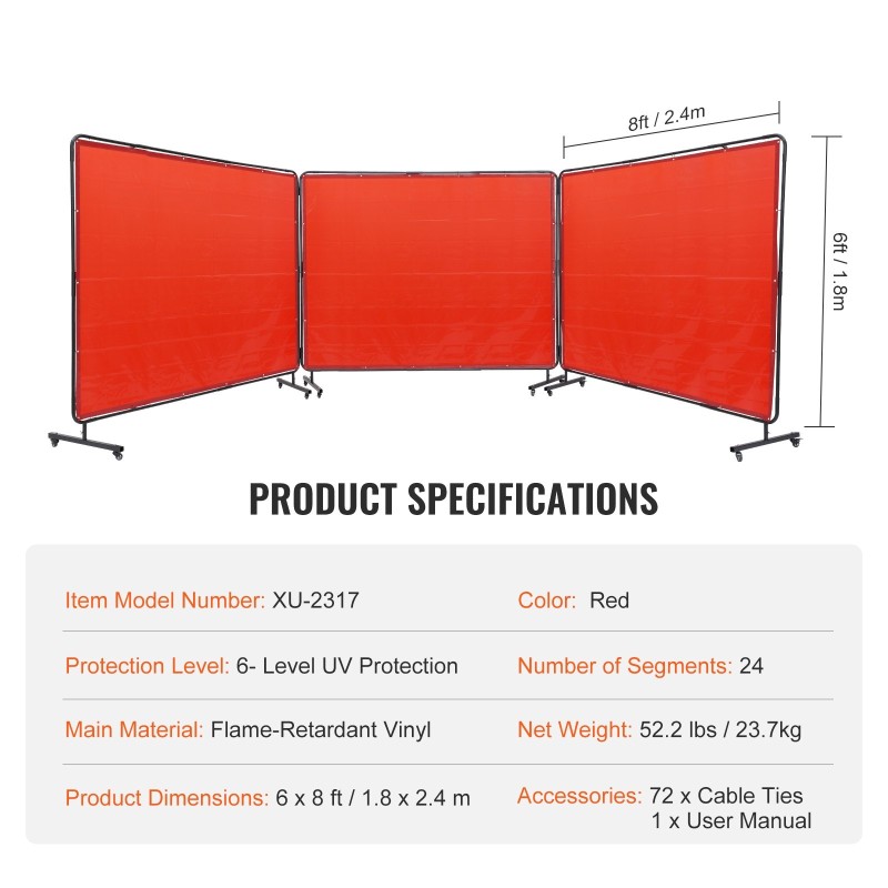 Hitsaussuojaseinä kolmipaneelinen liekinkestävä vinyyli 1,8 x 2,4 m punainen