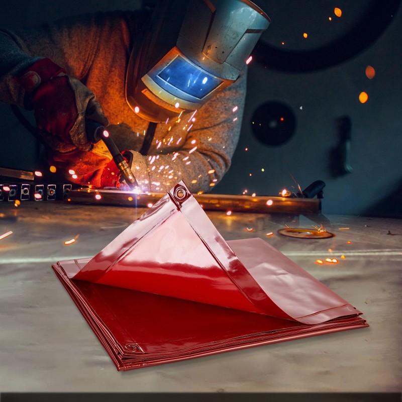 Hitsausnäyttö liekinkestävä vinyyli metallirunko 1,8 x 1,8 m 4 pyörää punainen