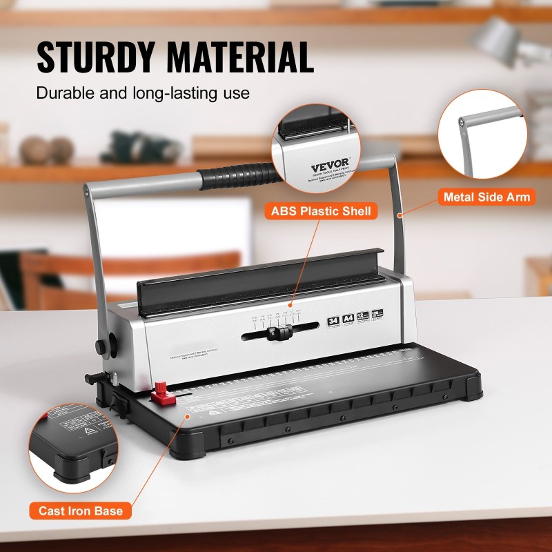 Manuaalinen spiraalisidontakone 34-aukkoinen 120 arkin sidontakapasiteetti 3/16–9/16 tuuman kierteille säädettävällä