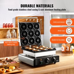 Sähköinen donitsikone 2000W 9 donitsia kaksipuolinen lämmitys tarttumaton pinnoite ruostumaton teräsrunko