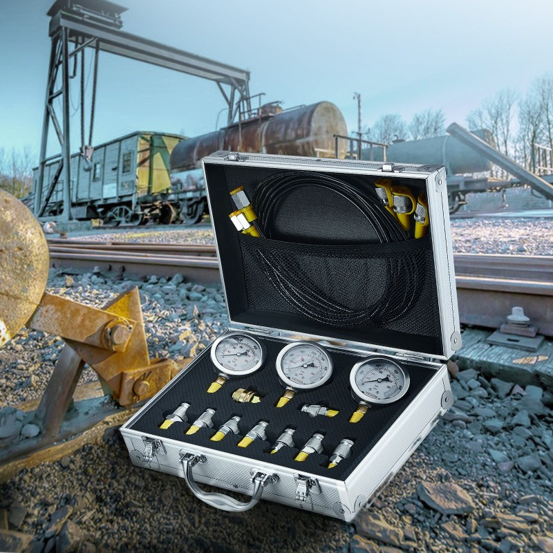 Hydraulinen paineentestaussarja kaivinkoneille 3 mittaria 3 letkua 9 liitintä 250/400/600 bar