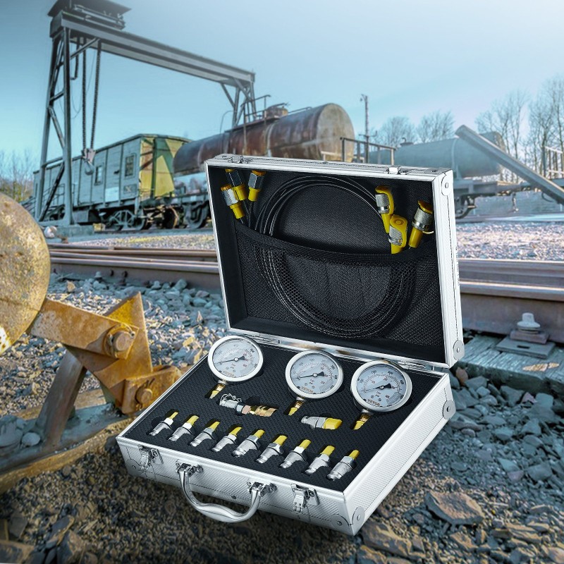 Hydrauliikkapaineen testisarja 3 painemittaria 11 testiliitintä 3 testiletkua 250 400 600 bar