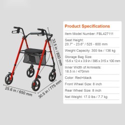 Taitettava alumiininen rollaattori säädettävät kahvat 136 kg kantavuus 8 tuuman pyörät