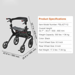 Rollaattori kokoontaitettava kevyt alumiinirunko nelipyöräinen istuimella säädettävä työntökahva kantavuus 136 kg