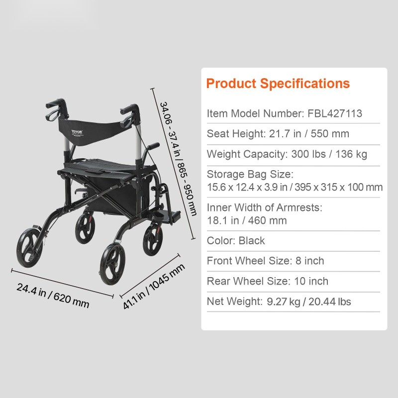 Rollaattori ja kuljetustuoli alumiinirunkoinen taitettava 136 kg kantavuus säädettävät kahvat