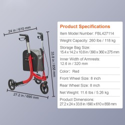 Alumiininen kolmipyöräinen taittuva rollaattori 8 tuuman pyörillä kantavuus 118 kg