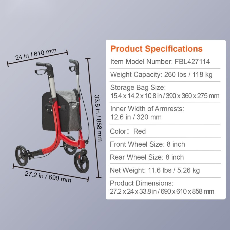 Alumiininen kolmipyöräinen taittuva rollaattori 8 tuuman pyörillä kantavuus 118 kg