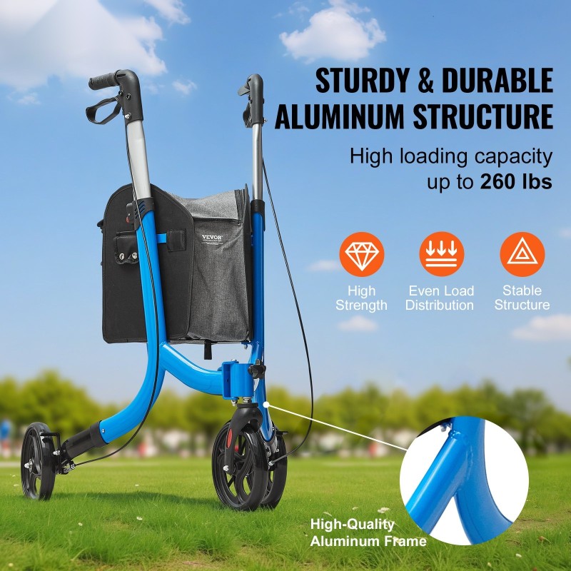 Kolmipyöräinen alumiinirunkoinen taitettava rollaattori säädettävällä kahvalla kahdeksan tuuman renkailla