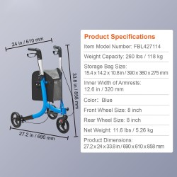 Kolmipyöräinen alumiinirunkoinen taitettava rollaattori säädettävällä kahvalla kahdeksan tuuman renkailla