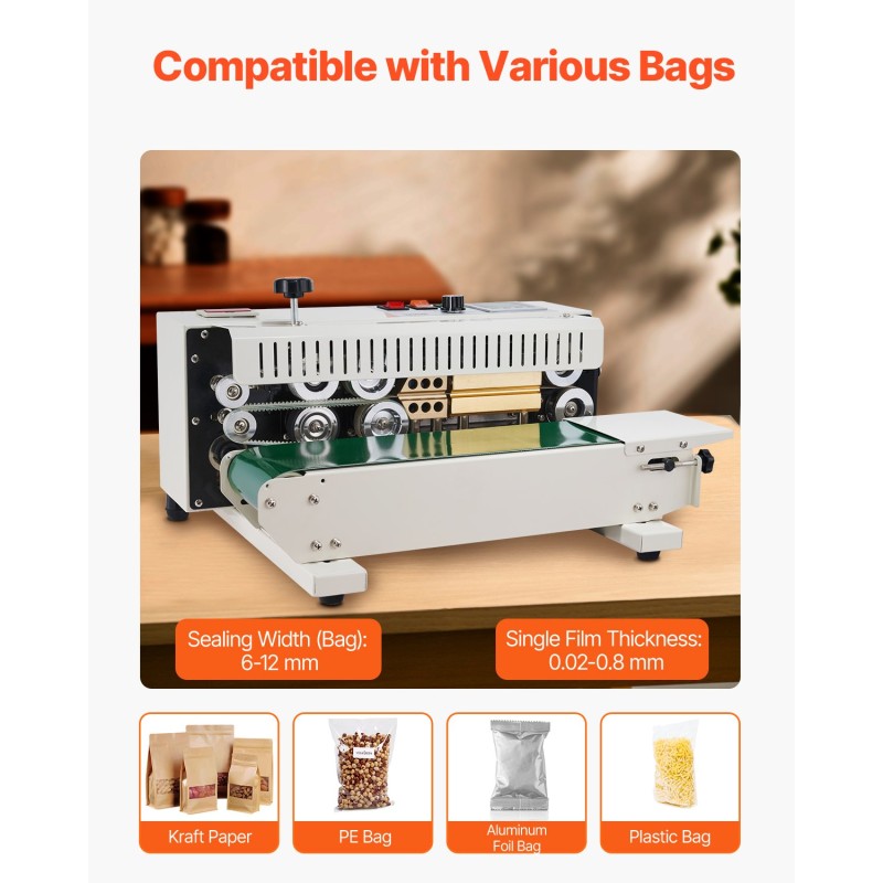 Pussinsuljin kuljetinhihnalla saumaleveys 6–12 mm digitaalinen lämpösäätö 0.02–0.8 mm muovipusseille