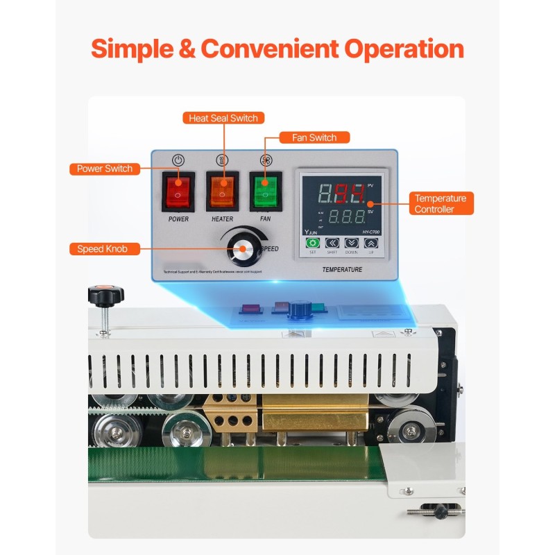 Jatkuvatoiminen nauhasuljin ruostumatonta terästä 6–12 mm saumausleveys digitaalinen lämpötilansäätö 0,02–0,8 mm kalvoille