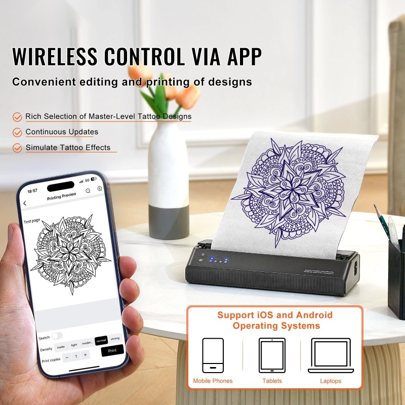 Tatuointistensiilitulostin langaton akulla 10 kpl siirtopaperia mobiililaitteille ja tietokoneille