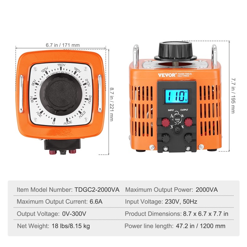 Säädettävä jännitemuuntaja 2000VA 230V tulo 0–300V lähtö nestekidenäyttö 4 lisäsulaketta