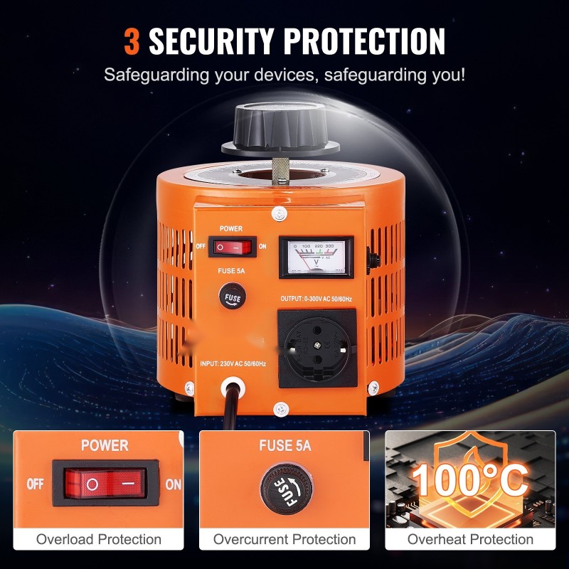 Säädettävä jännitemuuntaja 1000VA 230V sisään 0–300V lähtö metallikotelo 4 varasulaketta
