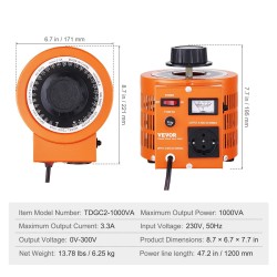 Säädettävä jännitemuuntaja 1000VA 230V sisään 0–300V lähtö metallikotelo 4 varasulaketta