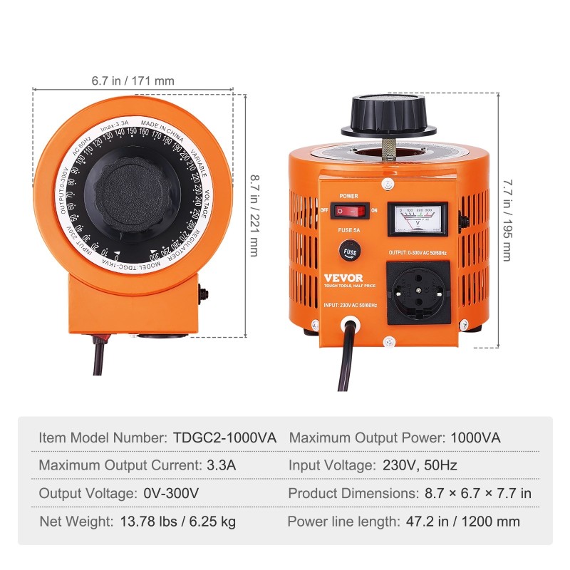 Säädettävä jännitemuuntaja 1000VA 230V sisään 0–300V lähtö metallikotelo 4 varasulaketta