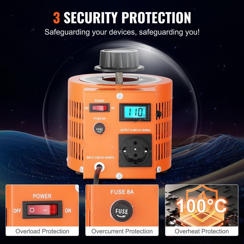 Säädettävä jännitemuuntaja 2000VA portaaton 0–300V 6,6A nestekidenäyttö metallikotelo CE-sertifioitu