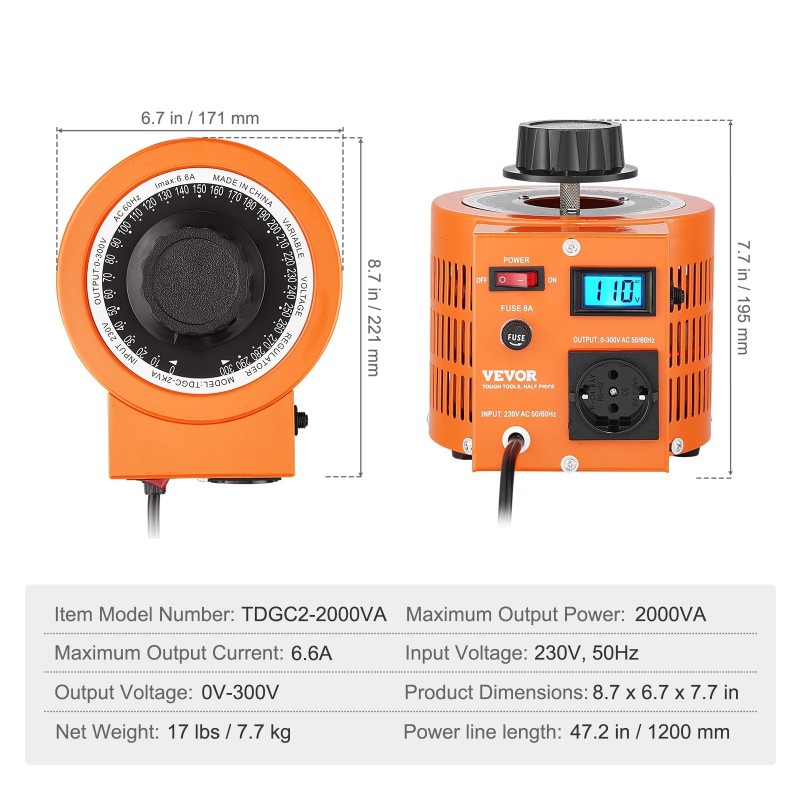 Säädettävä jännitemuuntaja 2000VA portaaton 0–300V 6,6A nestekidenäyttö metallikotelo CE-sertifioitu