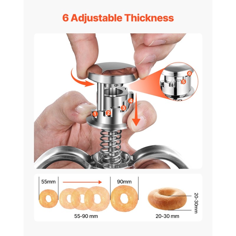 Manuaalinen donitsitaikina-annostelija ruostumaton teräs 2,4 l säiliö kuusi säädettävää paksuutta jalustalla