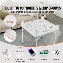 Taitettava neliöpelipöytä 900x900 mm muovipöytälevy 4 pelaajalle mukitelineillä pelimerkkikupeilla ja dominoilla