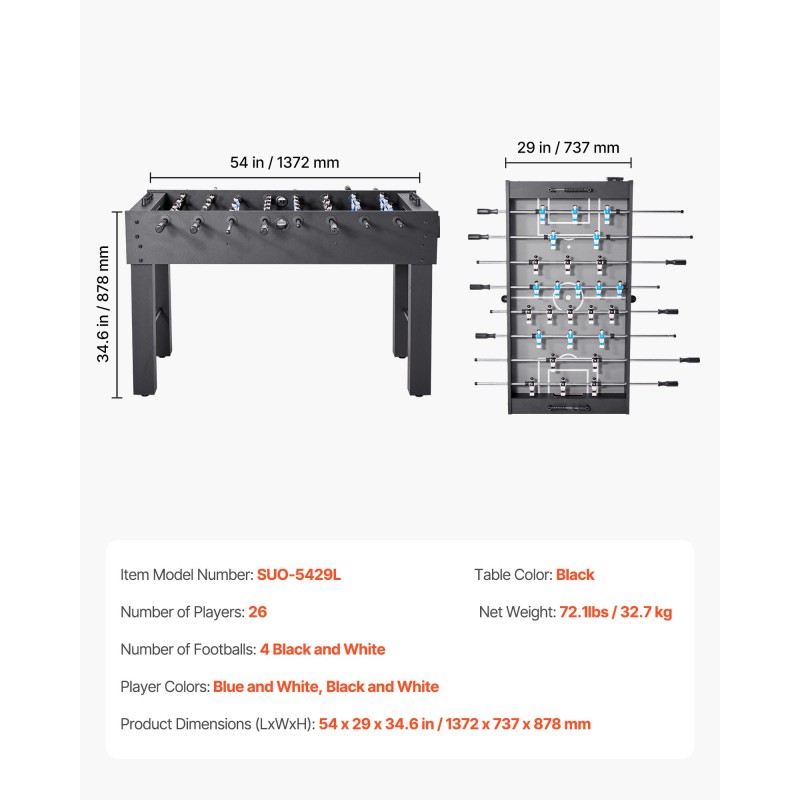 Pöytäjalkapallo täysikokoinen 137 cm sisäkäyttöön 2–4 pelaajalle mukana 4 palloa