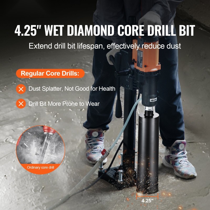 Timanttiporakruunu märkäporaukseen 108 mm halkaisija 355 mm poraussyvyys hiiliteräsrunko timanttihammastus