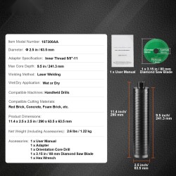 Timanttiholkkiterä hiiliteräs 63,5 mm 241 mm poraussyvyys sisäkierre 5/8-11 märkä- ja kuivaporaukseen