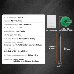 Timanttihampainen märkä porakruunu betonille ja tiilelle 50,8 mm 355 mm 1-1/4"-7 sisäkierre