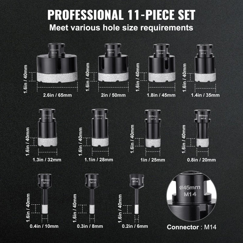 Timanttinen reikäsahasarja 11-osainen 6–65 mm M14-liittimellä kuiva ja märkäporaus