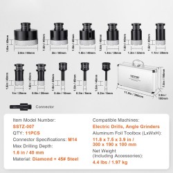 Timanttinen reikäsahasarja 11-osainen 6–65 mm M14-liittimellä kuiva ja märkäporaus