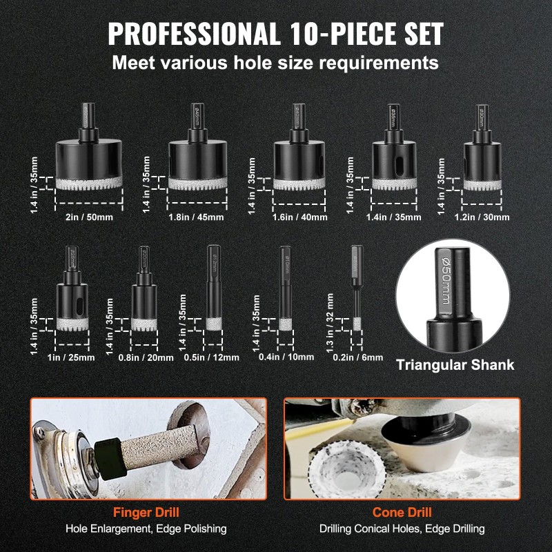 Timanttiporanteräsarja 10 kpl 6–50 mm timanttipinnoite kolmiomainen varsi säilytyslaatikolla