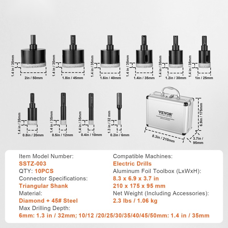 Timanttiporanteräsarja 10 kpl 6–50 mm timanttipinnoite kolmiomainen varsi säilytyslaatikolla