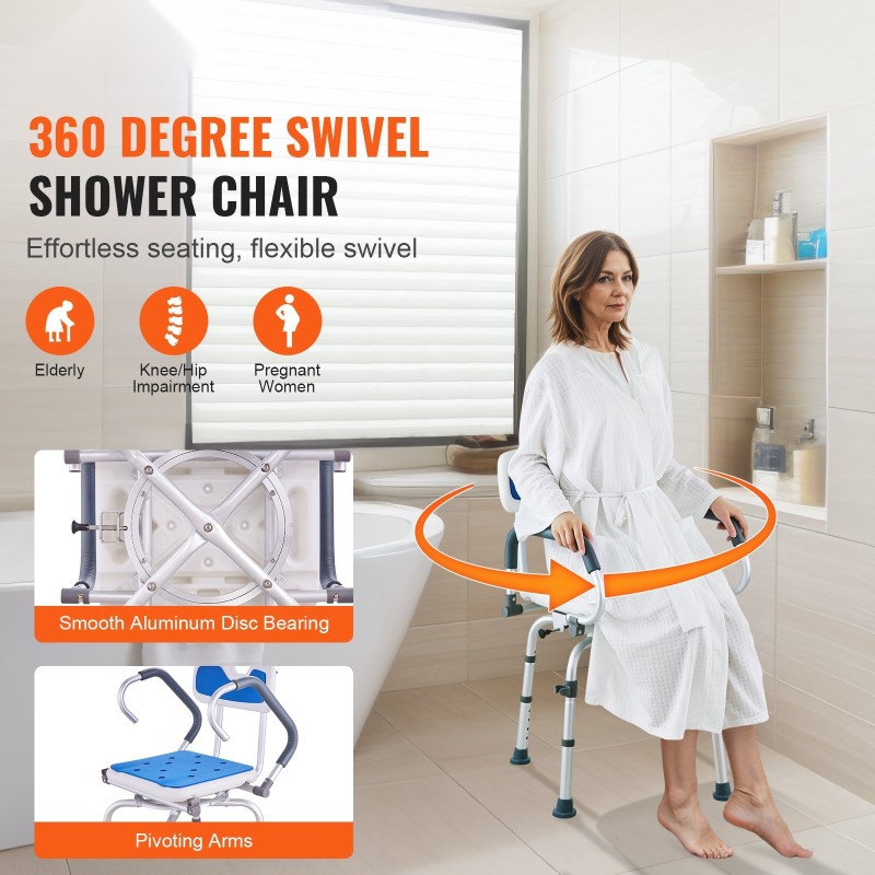 Kääntyvä suihkutuoli 360 asteen korkeussäädettävä alumiinirunko 180 kilogramman kantavuus kääntyvät käsinojat