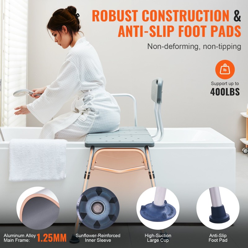 Kylpyammeen siirtopenkki alumiinirunko muovi-istuin säädettävä 455–570 mm 180 kg käännettävä selkänoja