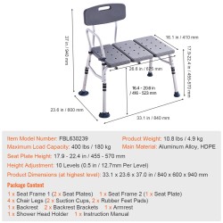 Kylpyammeen siirtopenkki alumiinirunko muovi-istuin säädettävä 455–570 mm 180 kg käännettävä selkänoja