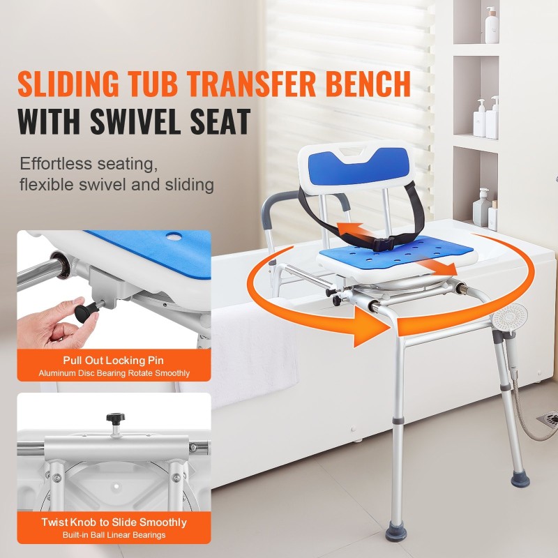 Liukuva siirtymäpenkki kylpyammeeseen kolmesataakuusikymmentäasteinen kääntyvä istuin korkeussäädettävä alumiinirunko