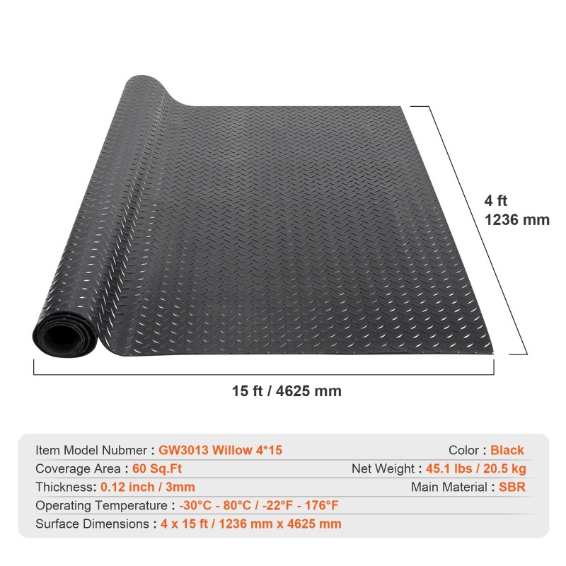 Kumirullamatto SBR-kumi 3 mm 4 ft x 15 ft musta timanttikuvio autotalliin
