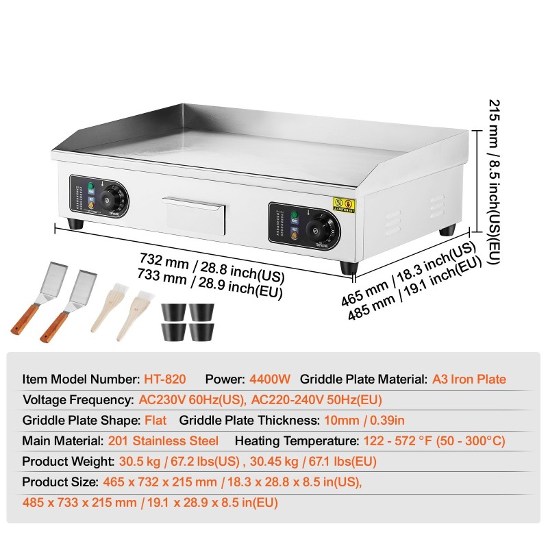 Sähköinen tasogrilli 4400W 201-ruostumaton teräs A3 paistolevy 10mm mukana 2 lastaa