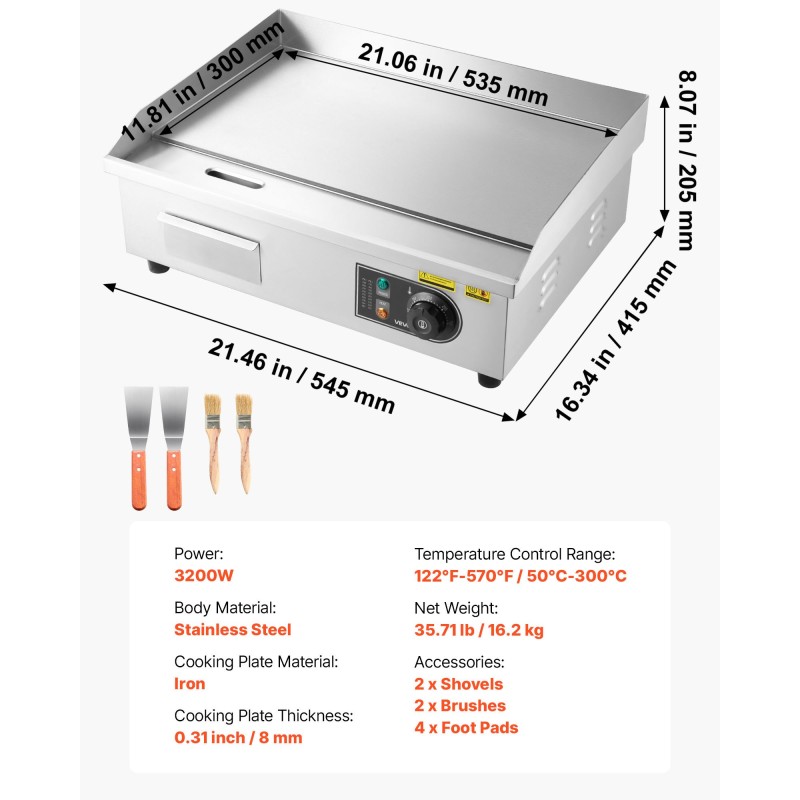 Sähköinen paistotaso ruostumaton teräsrunko rautalevy 535 x 300 mm 3200W