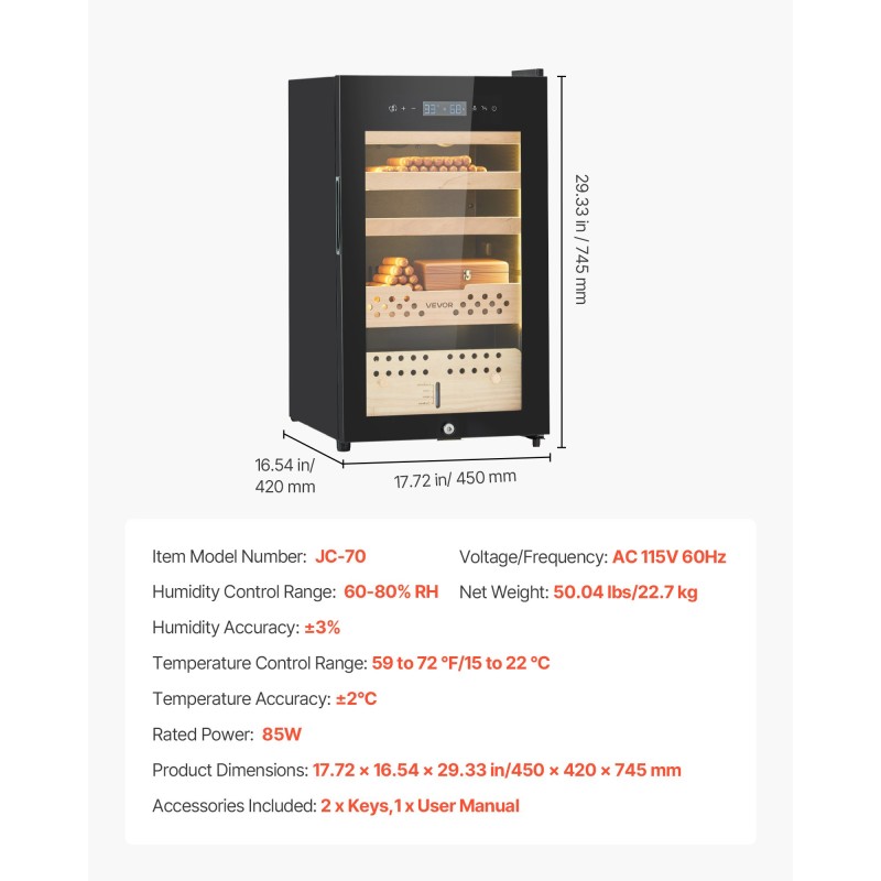 Sähköinen sikarihumidor 70 l 400 sikaria lämpö ja kosteudensäätö setripuun hyllyt