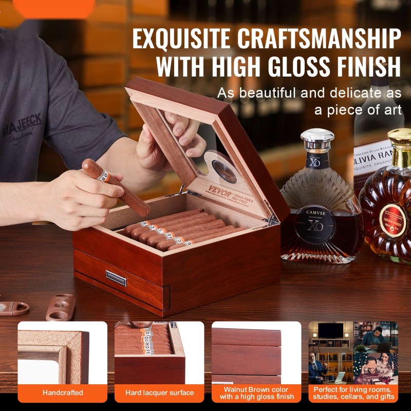 Pöytähumidor espanjanseetripuusta lasikannella 20–35 sikaria kostutin hygrometri jakaja tarvikelaatikko