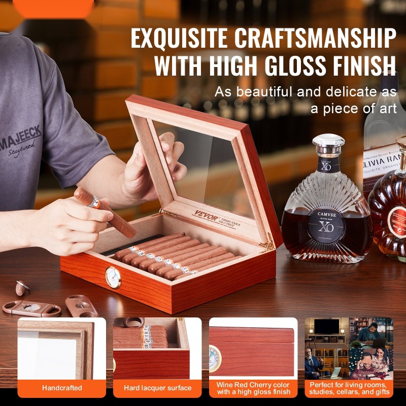 Humidorilaatikko espanjalaista seetripuuta lasikannella 10–25 sikaria kostuttimella ja kosteusmittarilla