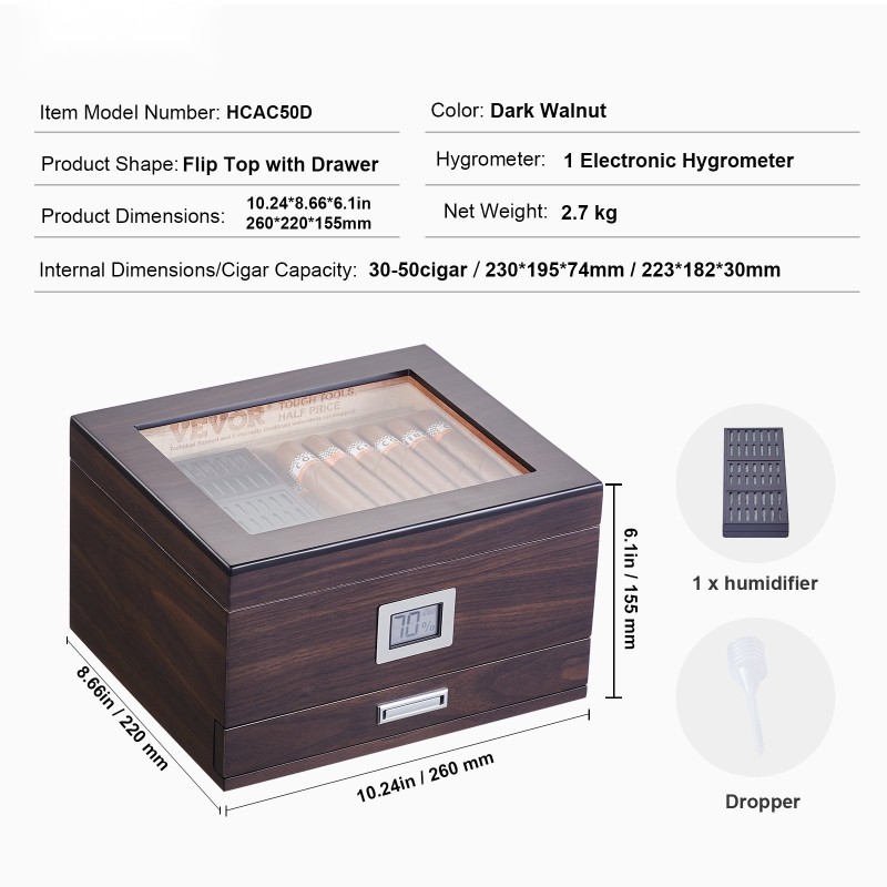 Sikarilaatikko käsintehty setripuusta lasikannella 30–50 sikaria kostutin ja hygrometri
