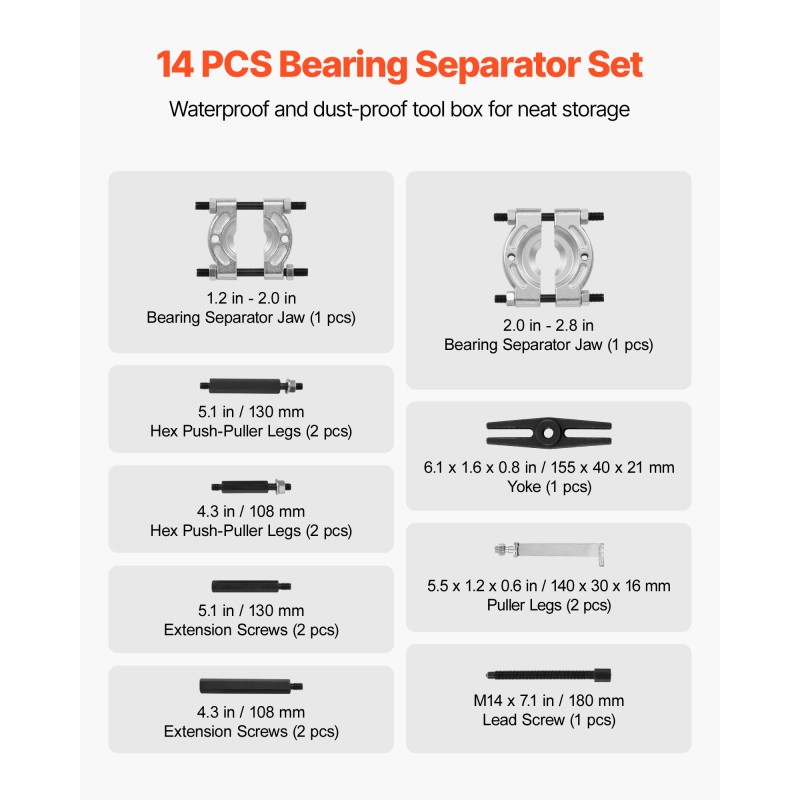 Laakerinvetosarja 14-osainen karkaistu teräs 50 mm ja 70 mm leuat 5 tonnia
